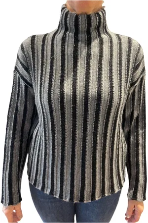 KANGRA CASHMERE Strik, Dame, Grå, L, Uld, Kontrast Stribet Højhalset Trøje