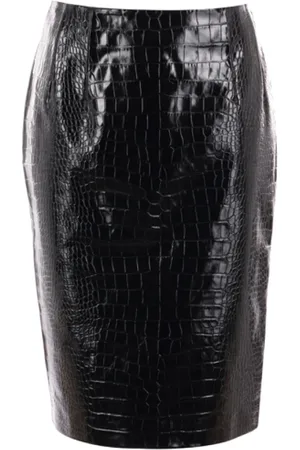 VERSACE Nederdel, Dame, Sort, S, Læder, Sort Krokodilleeffekt Læder Midi Nederdel
