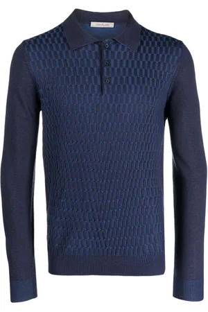 corneliani Top, Herre, Blå, 3XL, Uld, Uldstrik Polo Shirt, 100% Uld
