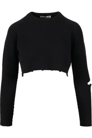 A PAPER KID Strik, Dame, Sort, L, Bomuld, Sort Crop Sweatshirt med Slids og Logo Tag