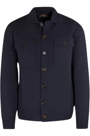 MOORER Strik, Herre, Blå, L, Uld, Knaplukket cardigan i Superfine lammeuld og cashmere