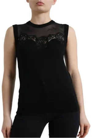 Dolce & Gabbana Top, Dame, Sort, 2XS, Bomuld, Sort Blondekant Tank Top