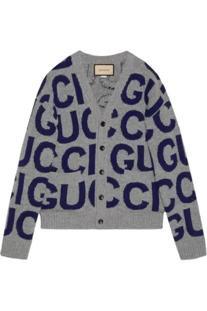 Gucci Strik, Herre, Grå, M, Uld, Intarsia Uld Cardigan med Logo