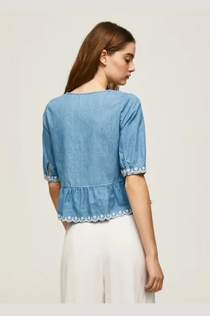 Pepe Jeans Bluser & Skjorter, Dame, Blå, L, Denim, Denim V-Hals Bluse med Broderede Detaljer