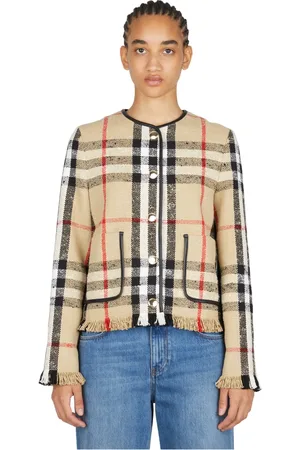 Burberry Jakke, Dame, , XS, Bomuld, Check Bouclé Fringe Jakke