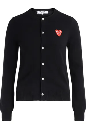 Comme des Garçons Strik, Dame, Sort, S, Uld, Dame V-hals Uld Cardigan med Overlappende Hjerter