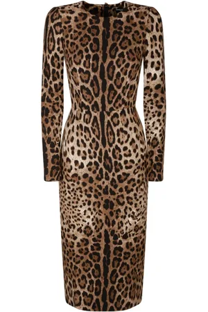 Dolce & Gabbana Kjole, Dame, Brun, S, Polyester, Brun Leopard Print Midi Kjole