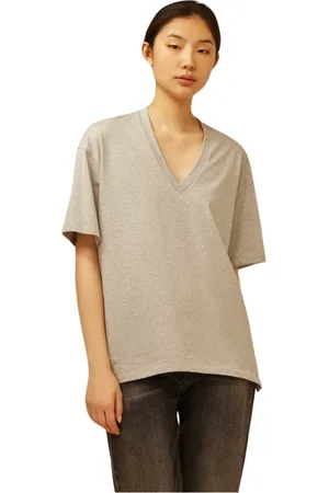 SEMICOUTURE Top, Dame, Grå, M, Bomuld, Bomuld Strik T-Shirt med V-Hals