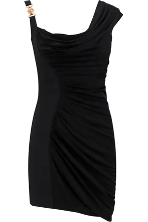 VERSACE Kjole, Dame, Sort, S, Uld, Viskose Draperet Kjole med Asymmetrisk Bund
