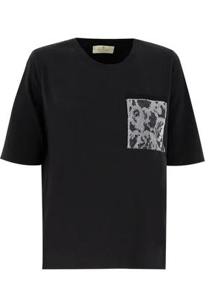 PANICALE Top, Dame, Sort, XS, Bomuld, Broderet Crew Neck T-shirt
