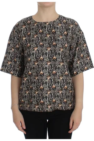 Dolce & Gabbana Bluser & Skjorter, Dame, Grå, 2XS, Uld, Fortryllende Sicilien Silkebluse med Middelalderlige Nøgleprint