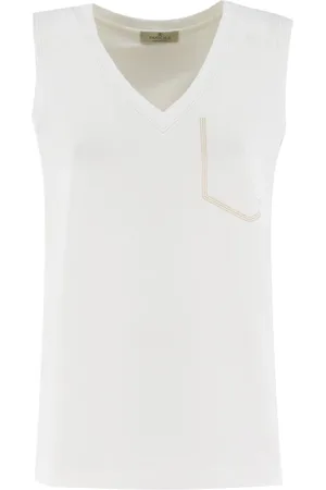 PANICALE Top, Dame, Hvid, M, Uld, Broderet V-Hals Viskose Top