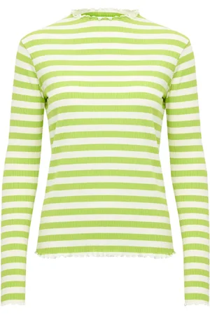 Karen by Simonsen Top, Dame, Flerfarvet, 2XL, Uld, Stribet Langærmet Top - Lys Limegrøn