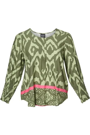 Pont Neuf Bluser & Skjorter, Dame, Grøn, XL, Tyl, Moderne Ikat Bluse med Pink Detaljer