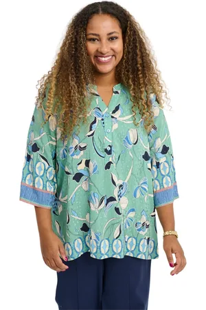 Pont Neuf Bluser & Skjorter, Dame, Grøn, L, Linned, Adella Blomstret Bluse - Forårsinspireret, Blå og Grøn