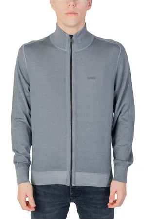 HUGO BOSS Strik, Herre, Grå, M, Uld, Grå Uld Turtleneck Cardigan med Lynlås