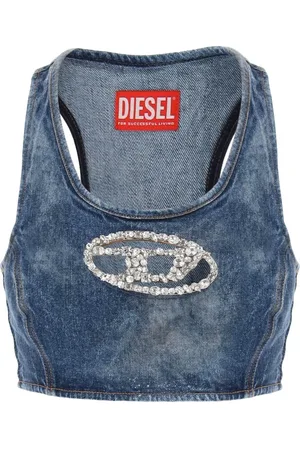 Diesel Top, Dame, Blå, S, Denim, Denim Crop Top med Juvelspænde