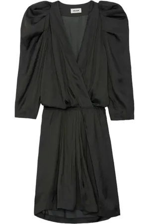 Zadig & Voltaire Kjole, Dame, Sort, L, Satin, Grøn Satin Kjole med Wrap Halsudskæring
