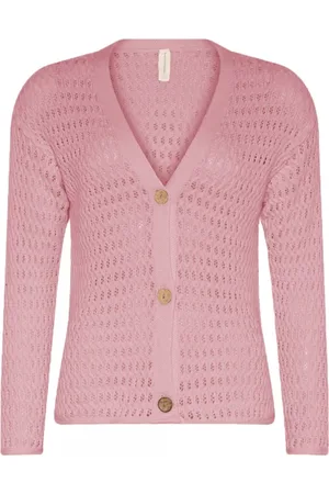 Skovhuus Strik, Dame, Lyserød, L, Uld, Struktureret V-hals Cardigan i Geranium