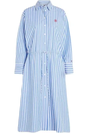 Tommy Hilfiger Kjole, Dame, Blå, 2XL, Bomuld, Stribet Midi Skjortekjole