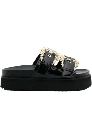 VERSACE Sko, Dame, Sort, 37 EU, Spænde Sandaler Sort Graveret Logo