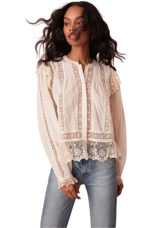 LOVESHACKFANCY Bluser & Skjorter, Dame, , XS, Bomuld, Vintage-inspireret Broderet Mesh Ruffle Bluse