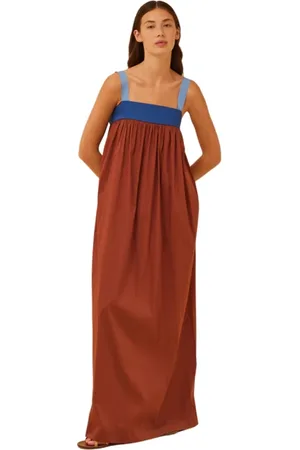 SEMICOUTURE Kjole, Dame, Brun, 2XS, Bomuld, To-farvet Poplin Maxi Kjole med Grosgrain Stropper
