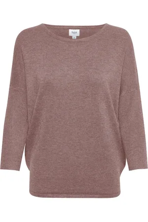 Saint Tropez Strik, Dame, Brun, XL, Enkel Striktrøje med ¾ Ærmer og Rund Hals