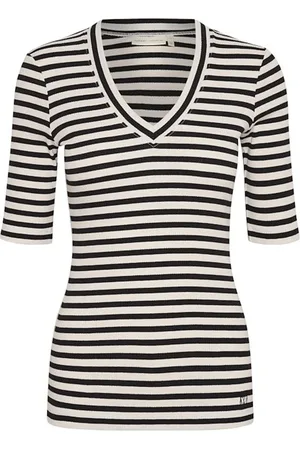 INWEAR Top, Dame, Flerfarvet, 3XL, Bomuld, Stribet V-hals T-shirt - Sort | Whisper White