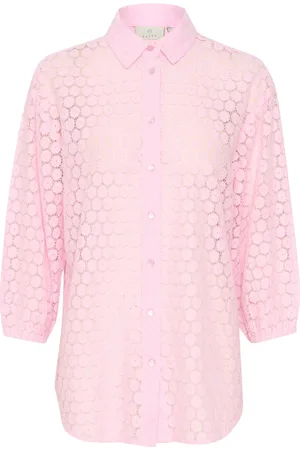 Kaffe Bluser & Skjorter, Dame, Lyserød, S, Bomuld, Bluse med Blondeærmer