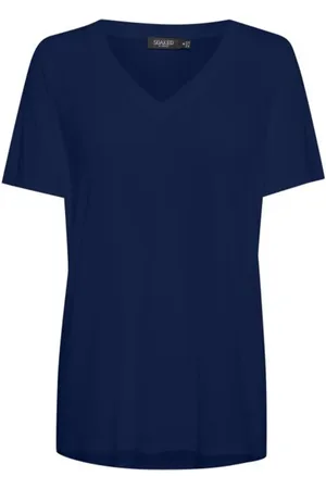 Soaked in Luxury Top, Dame, Blå, M, Polyester, Marineblå Oversize T-Shirt med V-Hals
