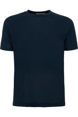 KANGRA CASHMERE Top, Herre, Blå, M, Bomuld, Blå Bomuld Ribbet Crewneck T-shirt