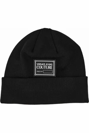 VERSACE Tilbehør, Herre, Sort, ONE SIZE, Uld, Sort Logo-Patch Uld-Blend Beanie Hat