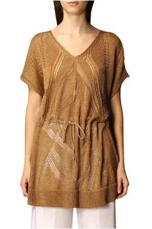 Twin-Set Top, Dame, Brun, S, Lurex Maxi Sweater med Åben Strik