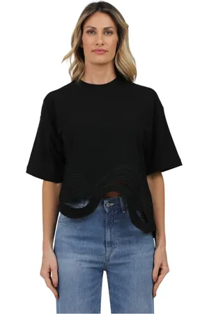 ALPHA STUDIO Top, Dame, Sort, XS, Uld, Bølgebroderet rund hals T-shirt