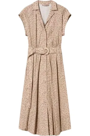 Twin-Set Kjole, Dame, Flerfarvet, L, Uld, Animal Print Poplin Midi Kjole