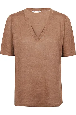 KANGRA CASHMERE Strik, Dame, Brun, S, Linned, Brun Linned V-hals Cut Out T-shirt