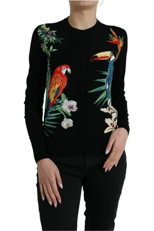 Dolce & Gabbana Strik, Dame, Flerfarvet, XL, Uld, Fugleprint Uld-Silke Cardigan Sweater