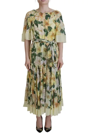 Dolce & Gabbana Kjole, Dame, Flerfarvet, XS, Gul Blomstret Silke Plisseret Maxi Kjole
