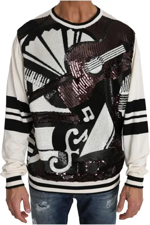 Dolce & Gabbana Sweathshirts & Hoodies, Herre, Flerfarvet, M, Hvid Jazz Paillet Guitar Pullover Sweater