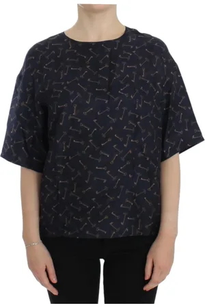 Dolce & Gabbana Top, Dame, Blå, S, Uld, Blå Guld Nøgle Print Silkebluse
