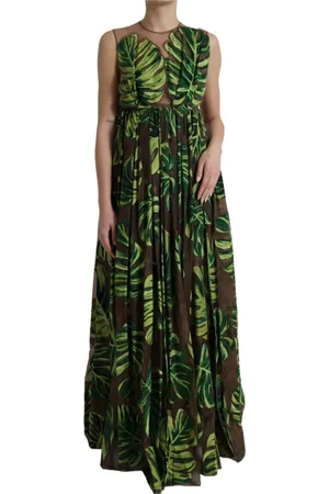 Dolce & Gabbana Kjole, Dame, Flerfarvet, XS, Elegant Bananblad Print Silkekjole