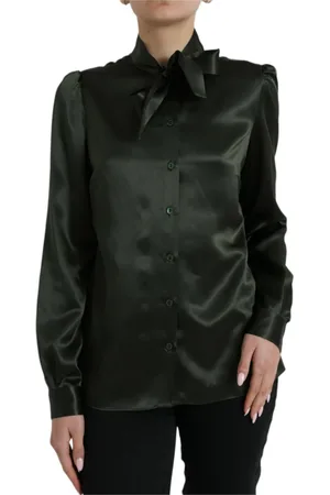 Dolce & Gabbana Bluser & Skjorter, Dame, Grøn, M, Uld, Silke Ascot Krave Bluse Sort