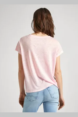 Pepe Jeans Top, Dame, Lyserød, XL, Linned, Lyserød Linned V-Hals T-shirt