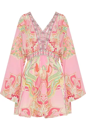 Camilla Kjole, Dame, Flerfarvet, S, Samlet Kimono Silke Mini Kjole