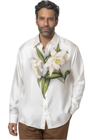 PIERRE-LOUIS MASCIA Skjorte, Herre, Flerfarvet, XL, Satin, Hvid Blomstret Satin Skjorte