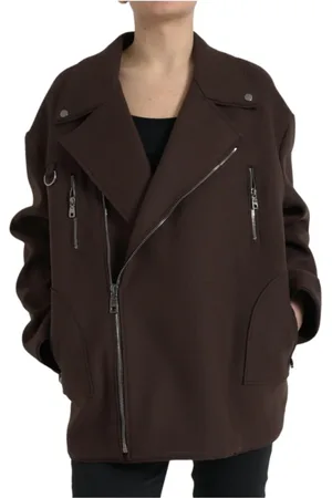 Dolce & Gabbana Jakke, Dame, Brun, XS, Uld, Mørk Brun Uld Biker Jakke