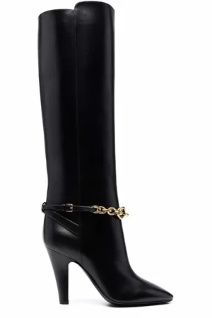 Saint Laurent Sko, Dame, Sort, 38 1/2 EU, Uld, Læderstøvler med guldkædedetalje