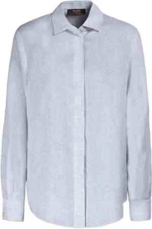 MOORER Bluser & Skjorter, Dame, Hvid, XS, Linned, Klassisk Linnedskjorte med Perledetaljer