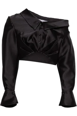 Self-Portrait Bluser & Skjorter, Dame, Sort, XS, Uld, Cropped Taffeta Top med Asymmetrisk Halsudskæring